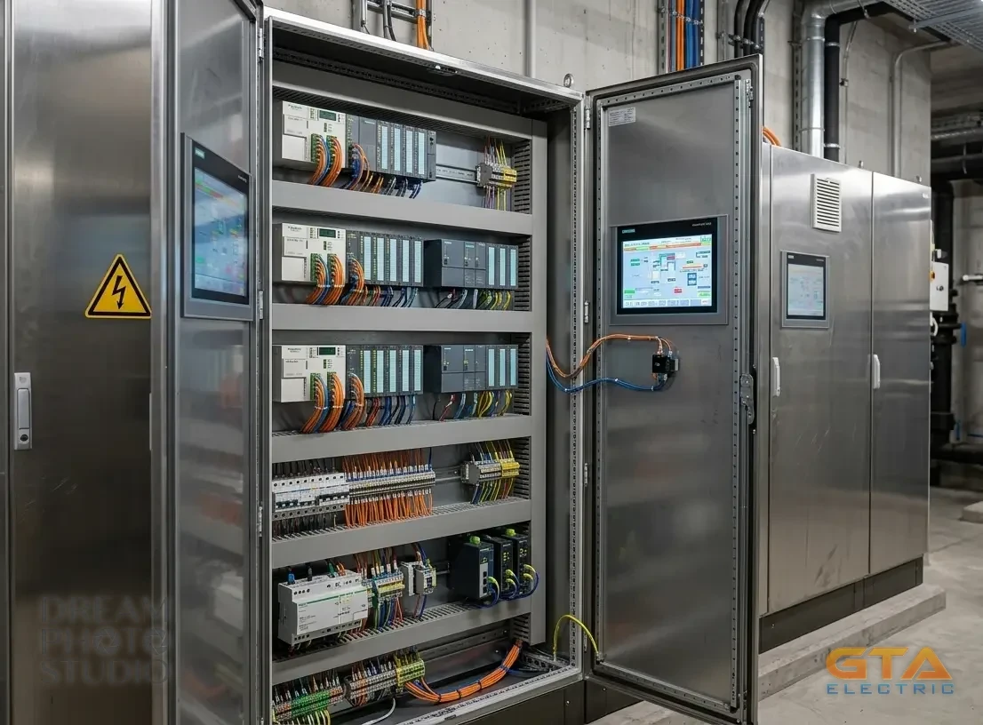 An open building-automation control cabinet in a mechanical room, with PLC modules, touchscreen HMI panels, and neatly wired terminals for HVAC BMS/BAS integration