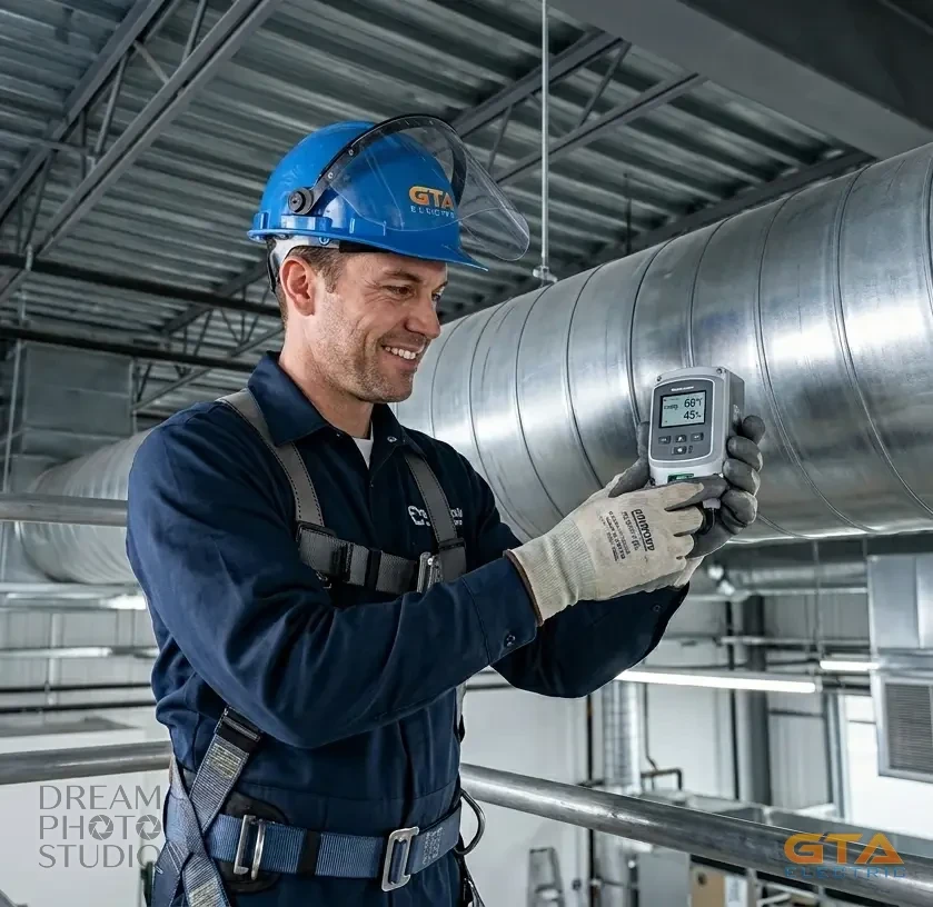 A licensed GTA Electric technician in a hard hat reading temperature and humidity from an HVAC control sensor held against commercial ductwork