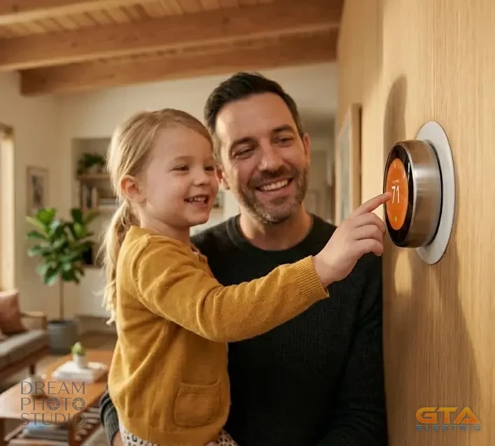 A father and his young daughter adjusting a round smart thermostat on the wall of their GTA home